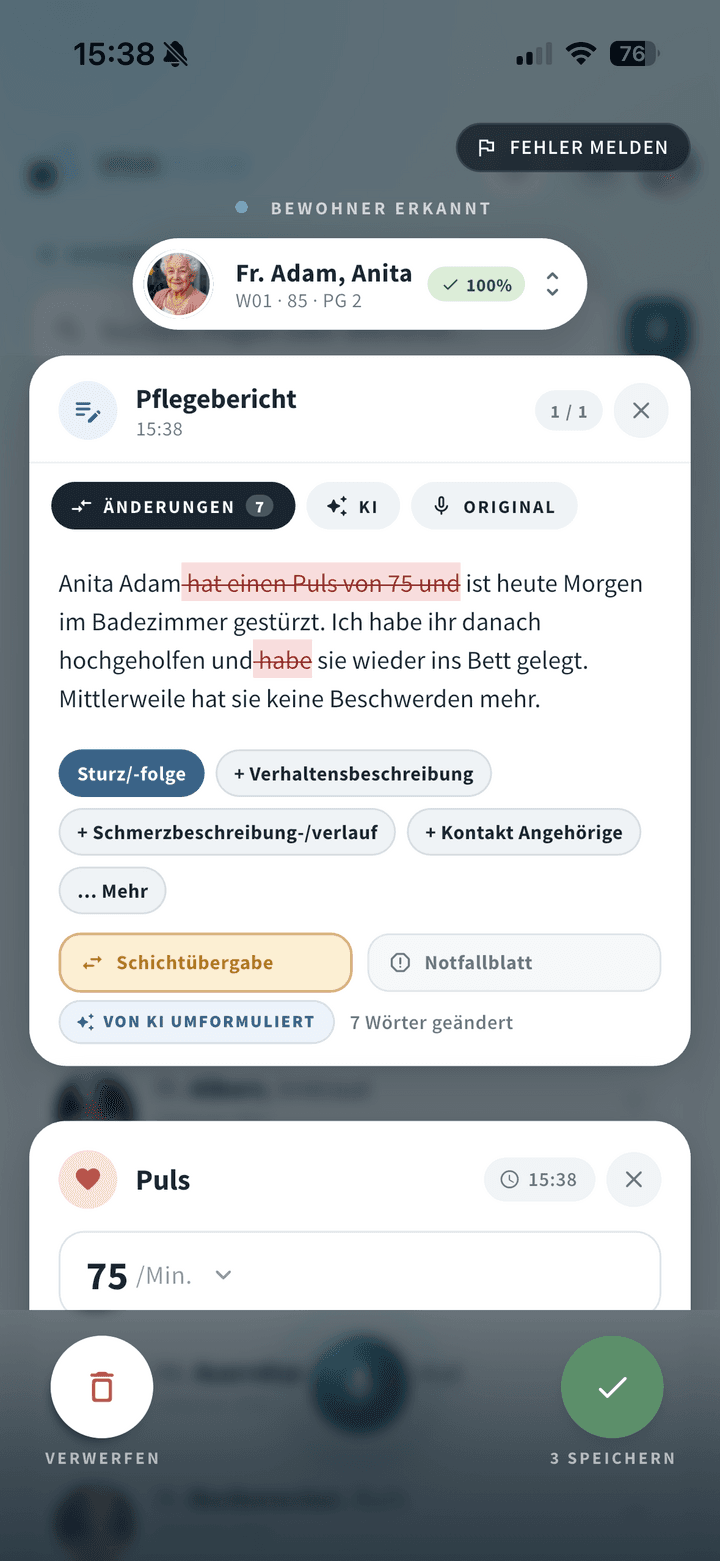 VIVA Flow App – erkannte Bewohnerin und KI-formulierter Pflegebericht zum Bestätigen