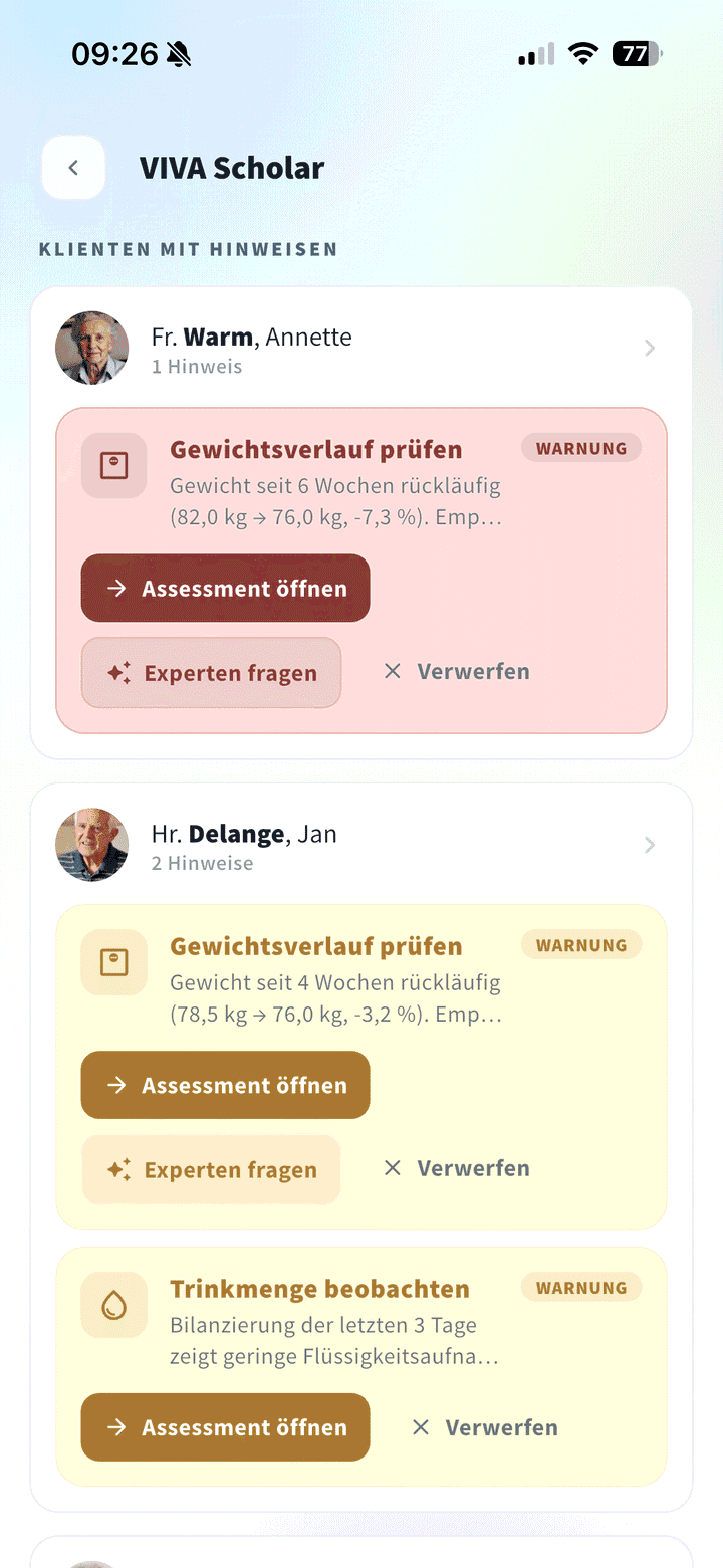 VIVA Flow App – VIVA Scholar Übersicht mit Hinweisen zu Gewichtsverlauf und Trinkmenge